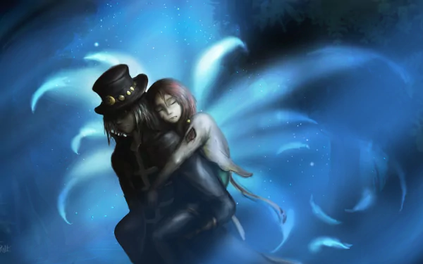 4K Ultra HD anime wallpaper from Tales of Zestiria the X, featuring two characters embraced against a glowing blue ethereal background.