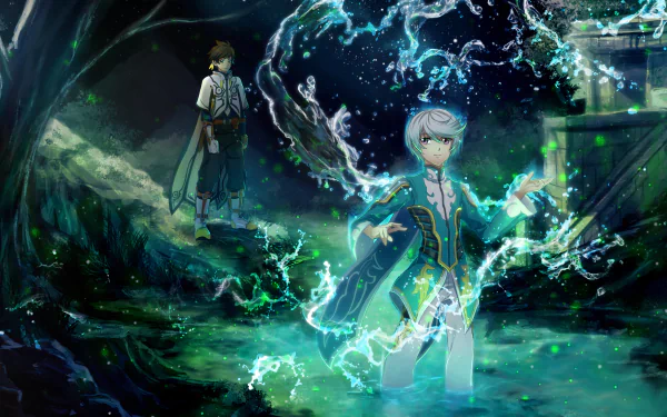 HD desktop wallpaper of Tales of Zestiria the X anime. It features two characters amidst a mystical, glowing environment, with one in the water surrounded by magical energy.