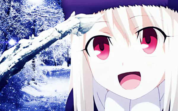 HD desktop wallpaper featuring Illyasviel Von Einzbern from the anime Fate/Zero, with a wintery backdrop of snow-covered trees and a close-up of her happy expression.