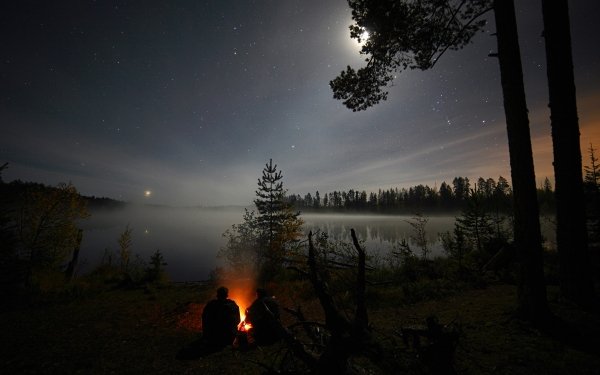 Photography Lake Lakes Night Stars Bonfire People Forest Water Sky Moon Russia Nature Landscape HD Wallpaper | Background Image
