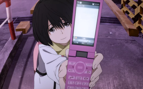 HD anime desktop wallpaper featuring Jun Naruse from The Anthem of the Heart holding a pink flip phone, set against an urban nighttime background.