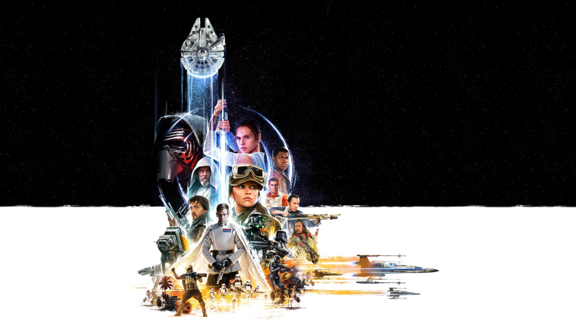 HD Star Wars movie wallpaper featuring characters and iconic spacecraft against a black-and-white background.
