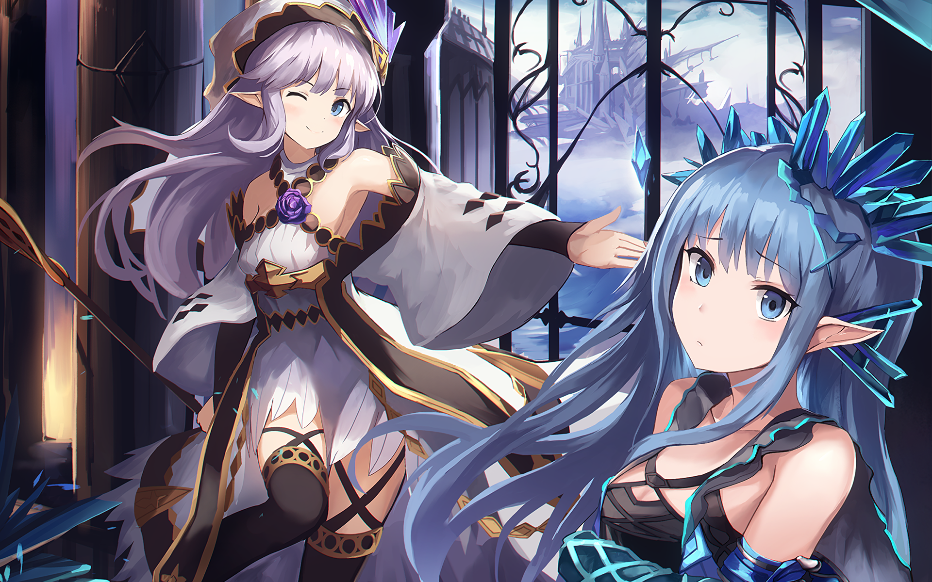Anime-inspired artwork from Granblue Fantasy features two characters in elaborate outfits, set against a mystical background. A vibrant HD PC wallpaper for fans of the series.