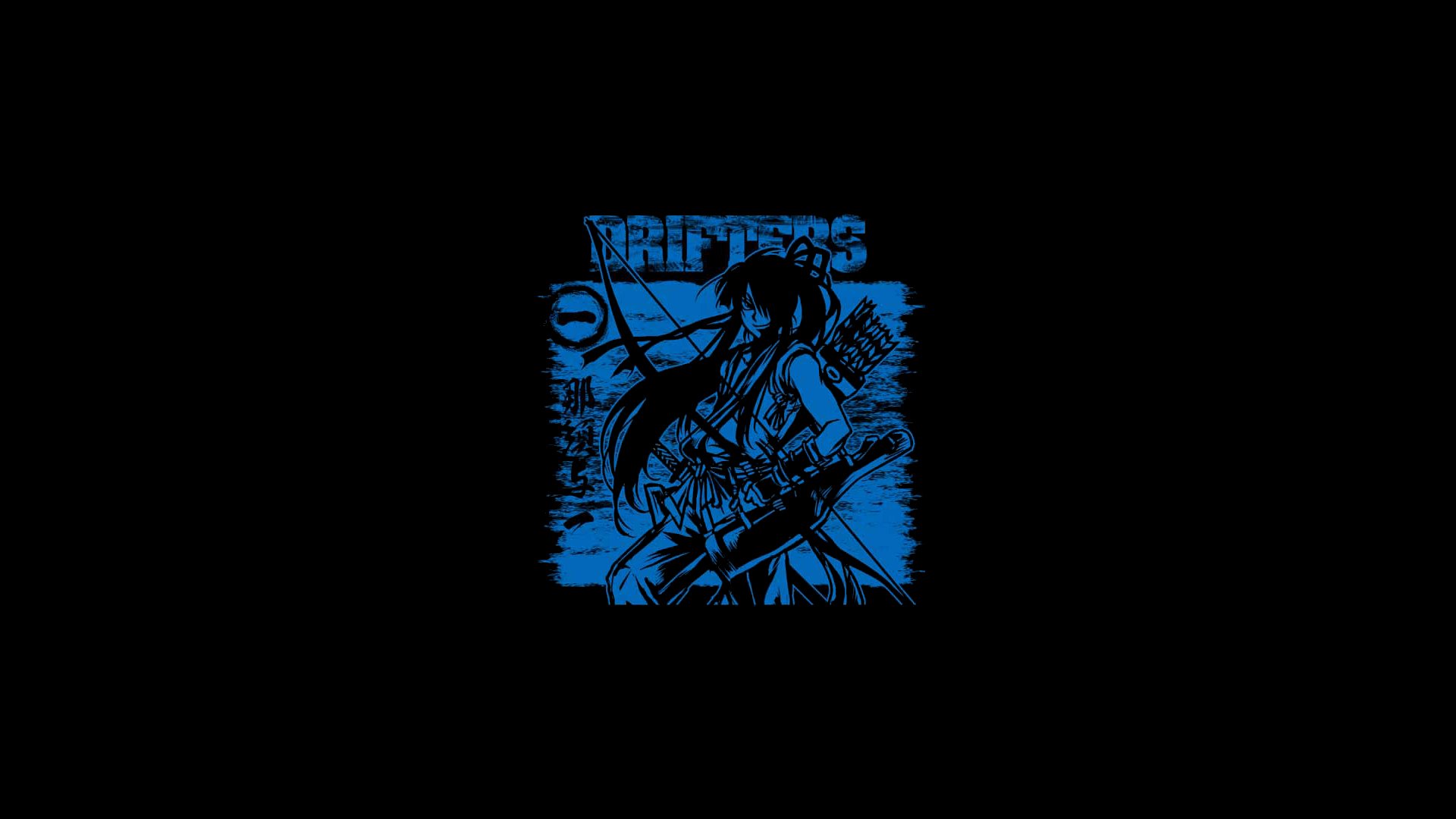 HD PC desktop wallpaper featuring Nasu no Yoichi from the anime Drifters, depicted in bold blue and black tones with dynamic text and graphic elements.