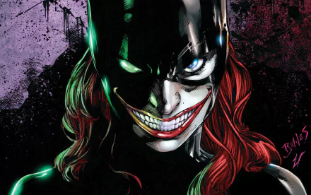 HD PC desktop wallpaper featuring Batgirl from Batman: Death of the Family comic, showcasing her intense, dark expression with vivid colors and dramatic shadows.