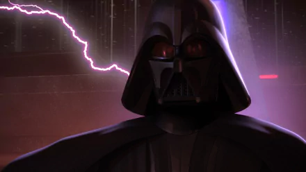 HD PC desktop wallpaper of Darth Vader from the TV show Star Wars Rebels: close-up of his masked helmet with purple lightning and a dark, atmospheric background.
