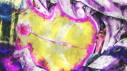 Anime HD PC desktop wallpaper showing Stray Cat and Killer Queen (JoJo's Bizarre Adventure): textured purple-white forms framing a glowing yellow, heart-shaped energy burst.