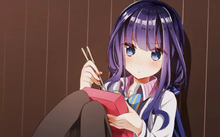 Aki Adagaki from Masamune-kun's Revenge with purple hair and blue eyes, blushes while eating, set against a HD desktop wallpaper background.