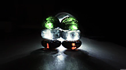 Artistic 5K Ultra HD PC desktop wallpaper of glowing green and amber crystal spheres on a dark background, dramatic light reflections and soft glow.