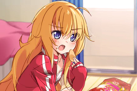 HD anime desktop wallpaper featuring Gabriel Tenma White from Gabriel DropOut, showing her with orange hair and blue eyes, eating snacks in a casual setting.