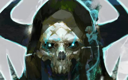 HD PC desktop wallpaper of King Hassan from Fate/Grand Order, depicted as a glowing-eyed skull figure in anime style with dark, mystical elements.