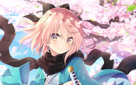HD desktop wallpaper featuring an anime character from Fate/Grand Order, set against a backdrop of blooming cherry blossoms.