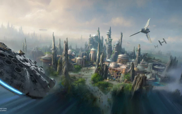 HD desktop wallpaper of the Millennium Falcon soaring over a Star Wars-inspired cityscape, with other starships in the sky.