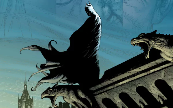 Silhouetted Batman (Batman: Earth One) perched on a gargoyle-lined rooftop against a moody blue sky — comic HD PC desktop wallpaper/background.
