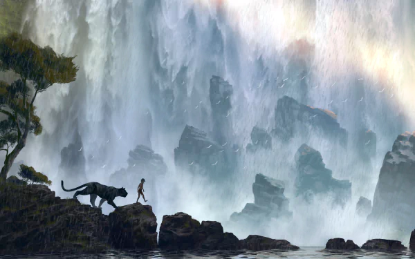 HD desktop wallpaper of The Jungle Book (2016), featuring a scene with Mowgli and Bagheera walking along rocks with a majestic waterfall backdrop.