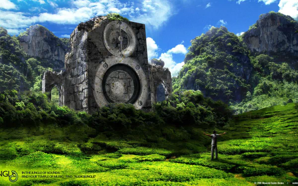 HD desktop wallpaper featuring a fantasy landscape with speaker-shaped stone structures integrated into a lush green mountain setting under a vibrant blue sky.