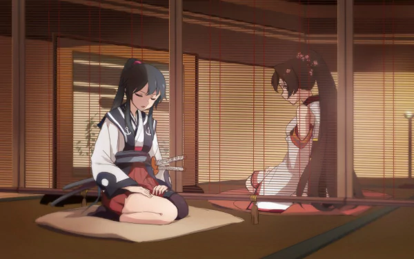 Anime-style HD desktop wallpaper featuring Yamato and Yahagi from Kantai Collection sitting in a traditional Japanese room with warm lighting.