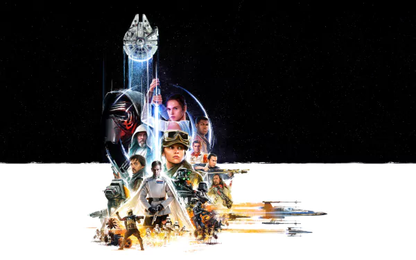 HD Star Wars movie wallpaper featuring characters and iconic spacecraft against a black-and-white background.