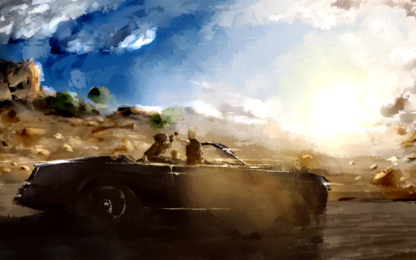 HD PC desktop wallpaper featuring a scene from the video game Final Fantasy XV with characters riding in a convertible under a bright sky.