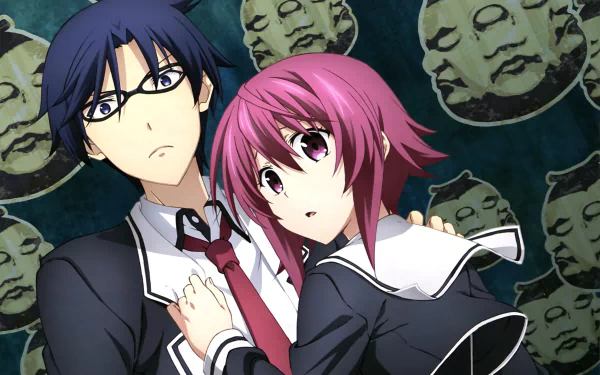 HD PC desktop wallpaper featuring Serika Onoe and Takuru Miyashiro from the anime ChaoS;Child, with a background of eerie stone mask faces.