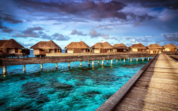 5K Ultra HD PC desktop wallpaper and background: wooden pier leading to overwater tropical hotel bungalows above turquoise ocean sea, vibrant holiday photography.