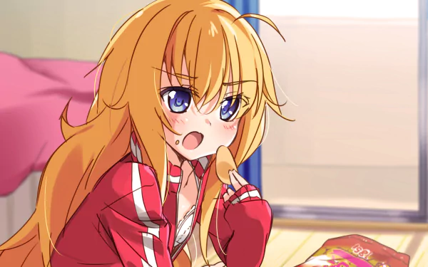 HD anime desktop wallpaper featuring Gabriel Tenma White from Gabriel DropOut, showing her with orange hair and blue eyes, eating snacks in a casual setting.