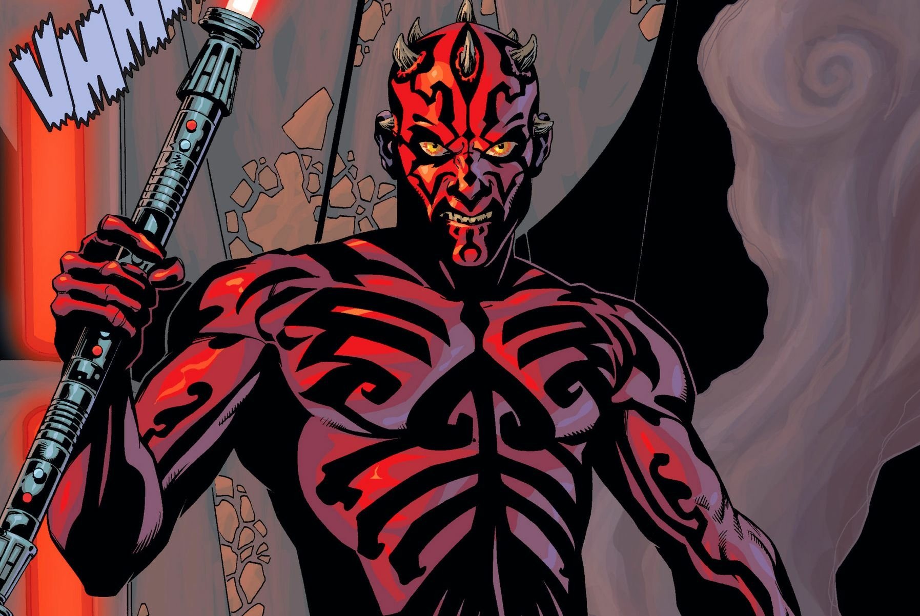 HD PC desktop wallpaper featuring a comic-style illustration of Darth Maul from Star Wars, showcasing his distinctive red and black facial tattoos and double-bladed weapon.