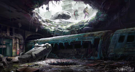 HD desktop wallpaper depicting a post-apocalyptic, underground wreck with overturned cars, a dilapidated subway train, and two figures standing over a large hole. Sci-fi elements enhance the desolate atmosphere.
