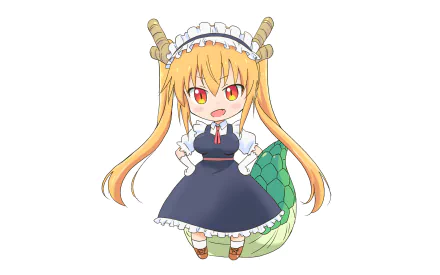 A HD desktop wallpaper featuring Tohru from Miss Kobayashi's Dragon Maid anime. Tohru is shown in her maid outfit with dragon features, including horns and a tail, on a plain white background.