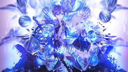 This HD desktop wallpaper features Masaru and Koyori from the anime Hand Shakers, surrounded by an intricate blue and white design.