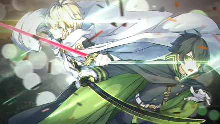 HD Seraph of the End anime wallpaper featuring two characters in action poses, one with a red glowing sword and the other with a green glowing sword.