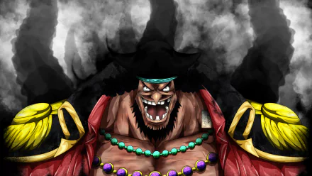 HD desktop wallpaper featuring Marshall D. Teach from the anime One Piece, showcasing his menacing grin and iconic pirate attire against a dramatic smoky background.