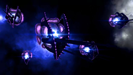 HD PC desktop wallpaper from the TV show Babylon 5: Thirdspace — glowing purple-blue alien vessels and a central ringed artifact drifting in deep space.