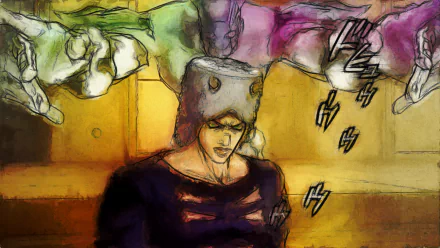 HD desktop wallpaper of Weather Report (JoJo's Bizarre Adventure): watercolor-style portrait of him with his cap and eerie green stand hands looming above.