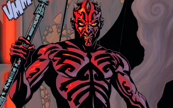 HD PC desktop wallpaper featuring a comic-style illustration of Darth Maul from Star Wars, showcasing his distinctive red and black facial tattoos and double-bladed weapon.