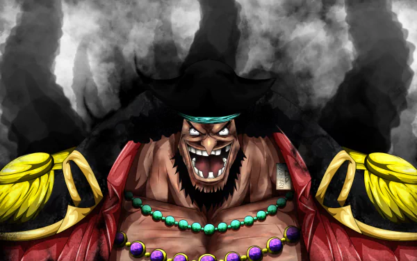 HD desktop wallpaper featuring Marshall D. Teach from the anime One Piece, showcasing his menacing grin and iconic pirate attire against a dramatic smoky background.