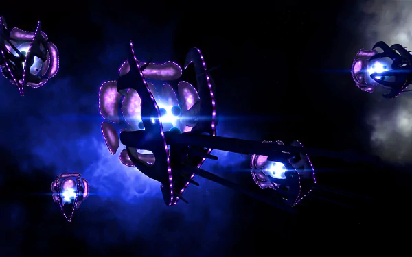 HD PC desktop wallpaper from the TV show Babylon 5: Thirdspace — glowing purple-blue alien vessels and a central ringed artifact drifting in deep space.