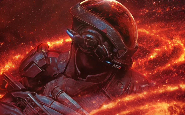 HD desktop wallpaper of a character from the video game Mass Effect: Andromeda, featuring a soldier in futuristic armor with vivid, fiery background visuals.