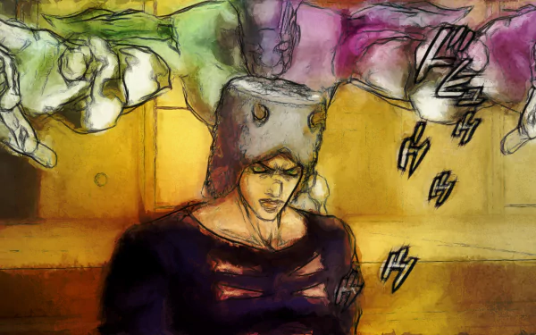 HD desktop wallpaper of Weather Report (JoJo's Bizarre Adventure): watercolor-style portrait of him with his cap and eerie green stand hands looming above.