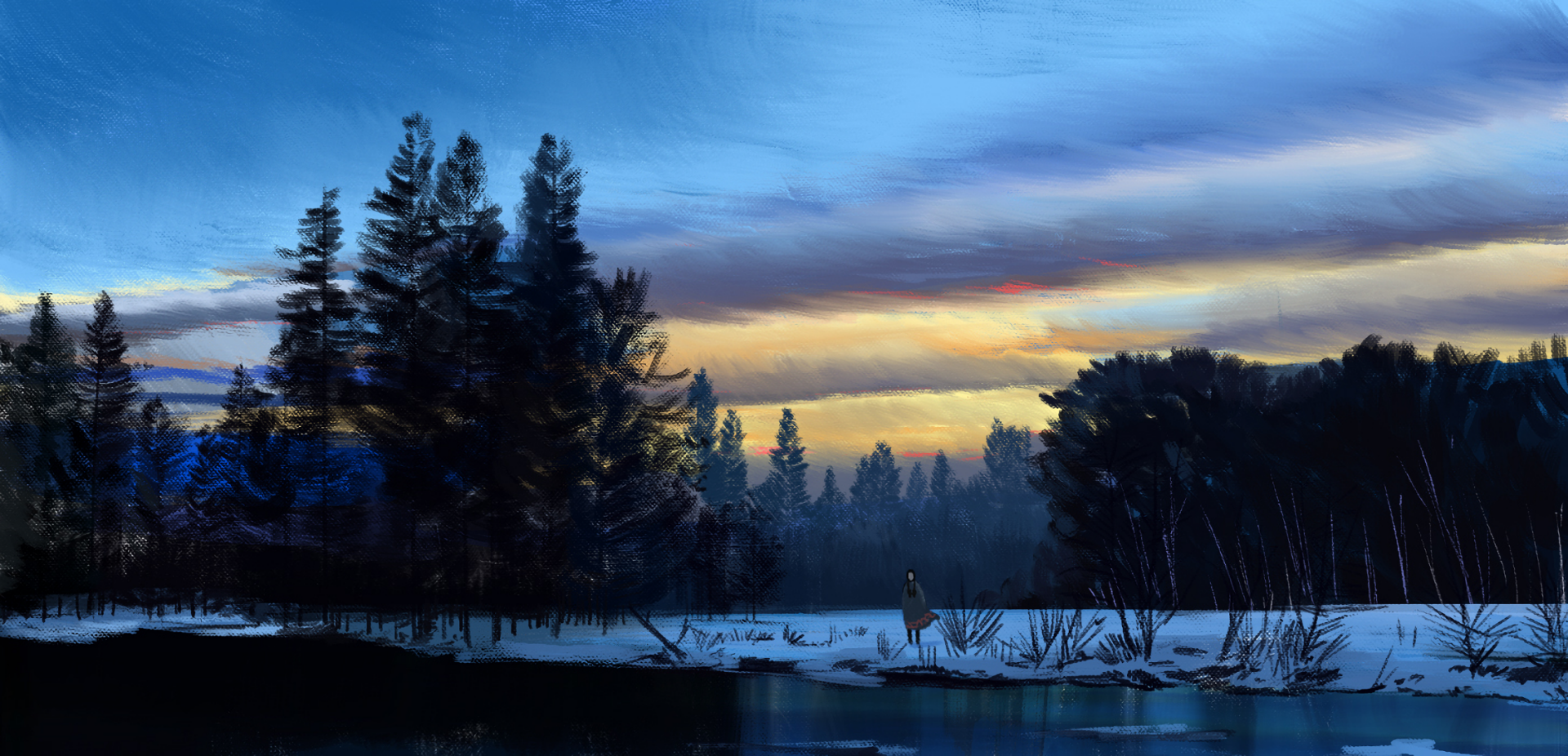 Anime-style HD PC desktop wallpaper depicting a serene forest scene at dusk, with tall trees reflected in a calm body of water under a colorful sky.