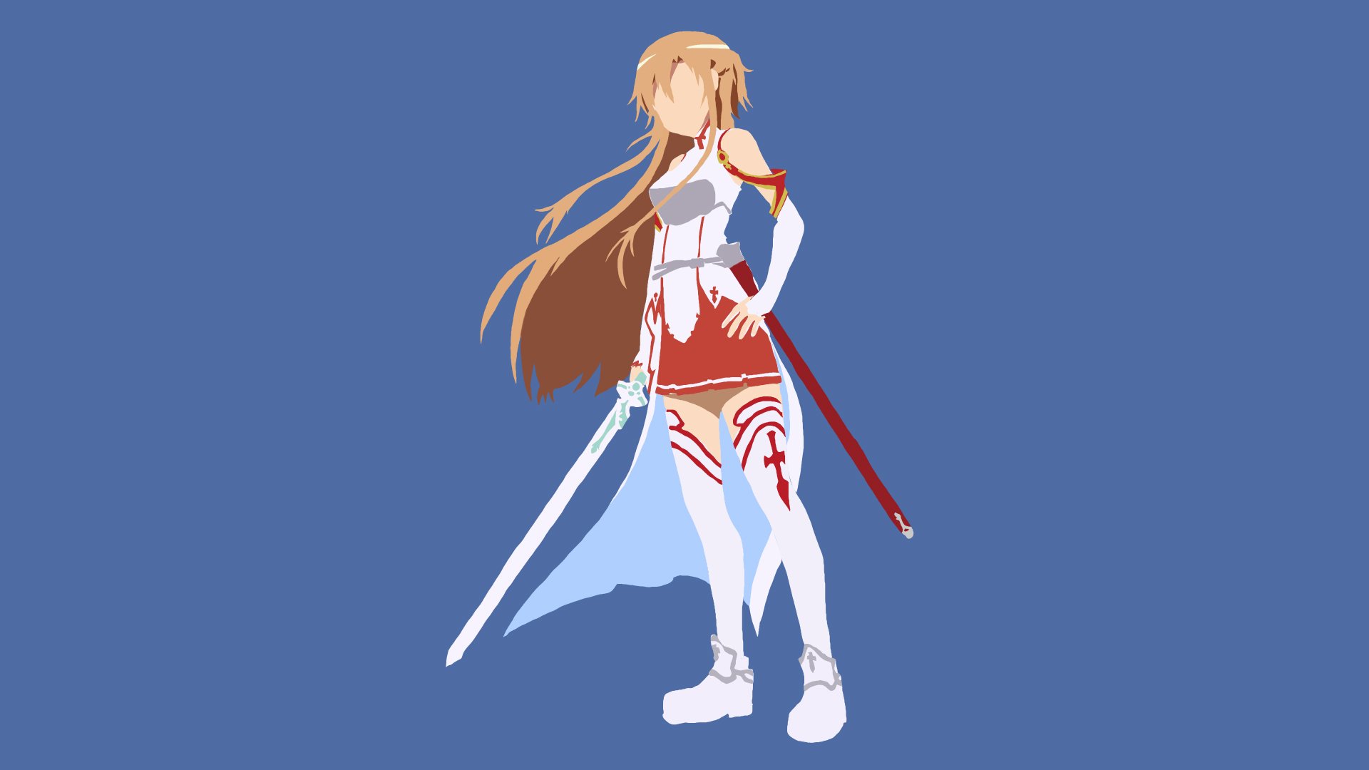 Minimalist HD PC desktop wallpaper of Asuna Yuuki from Sword Art Online — flat-color anime figure with rapier on a solid blue background.