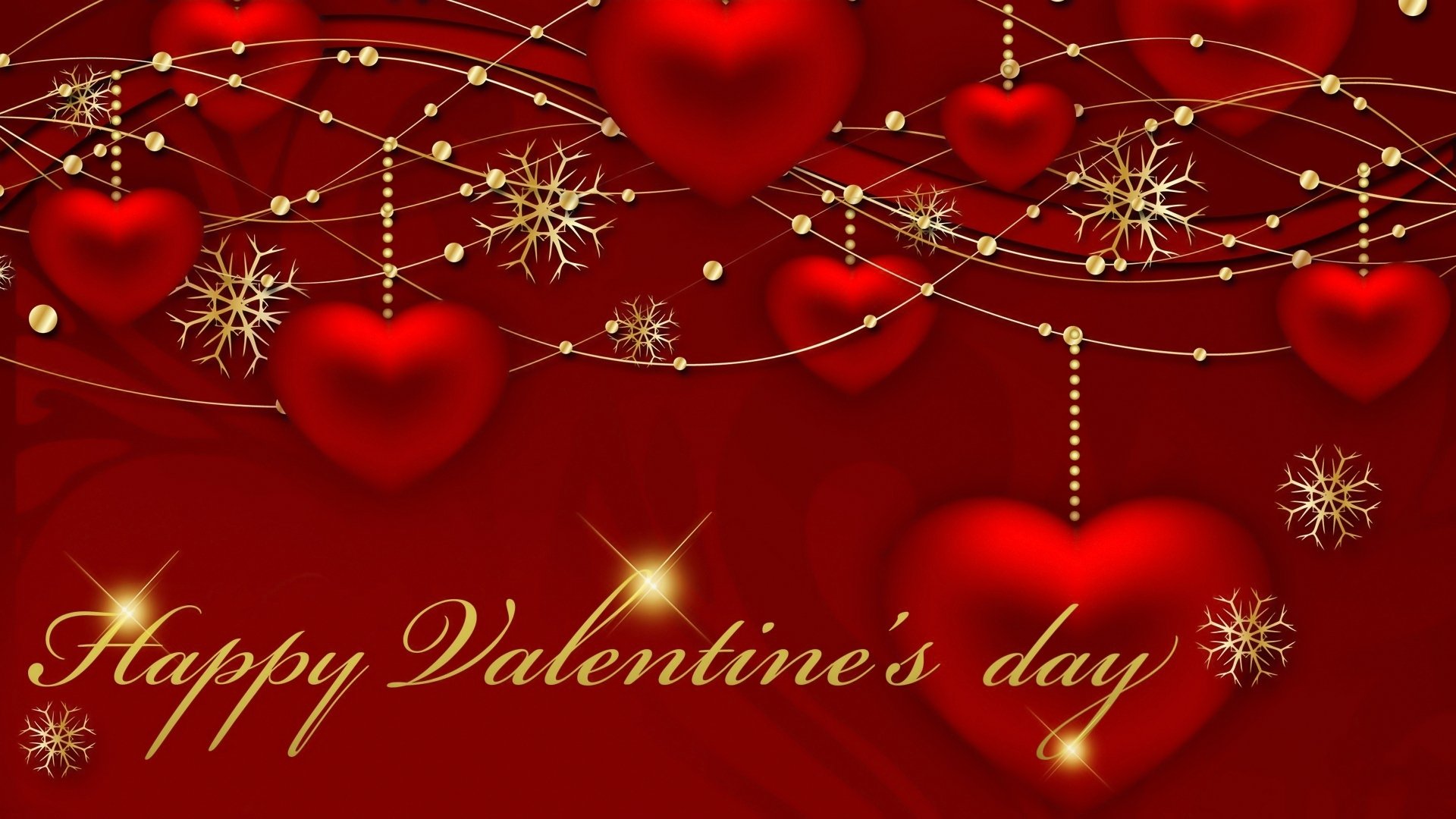 HD Valentine’s Day wallpaper featuring red hearts, gold snowflakes, sparkling beads, and the greeting Happy Valentine’s day on a rich red background.