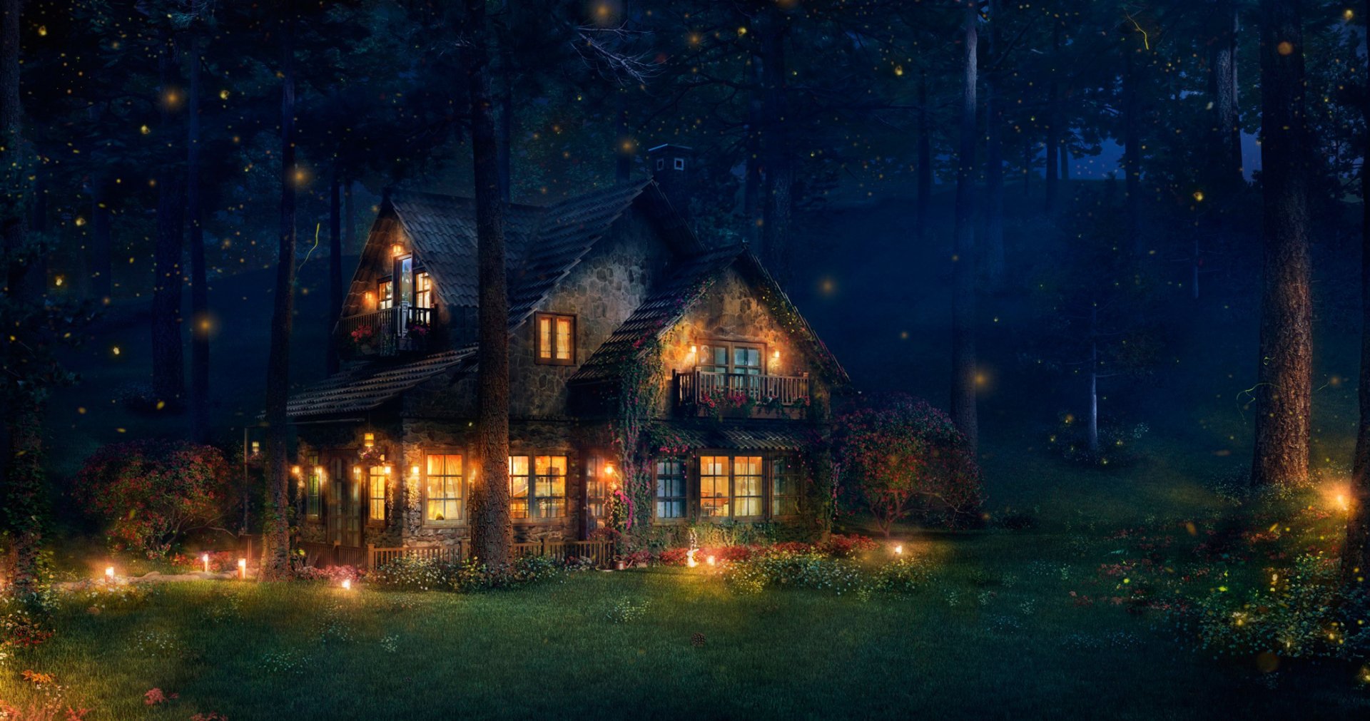A magical night scene of a cozy cottage illuminated by fireflies in a dense forest. The artistic HD wallpaper captures the enchanting ambiance of a fantasy-inspired house under a starlit sky.