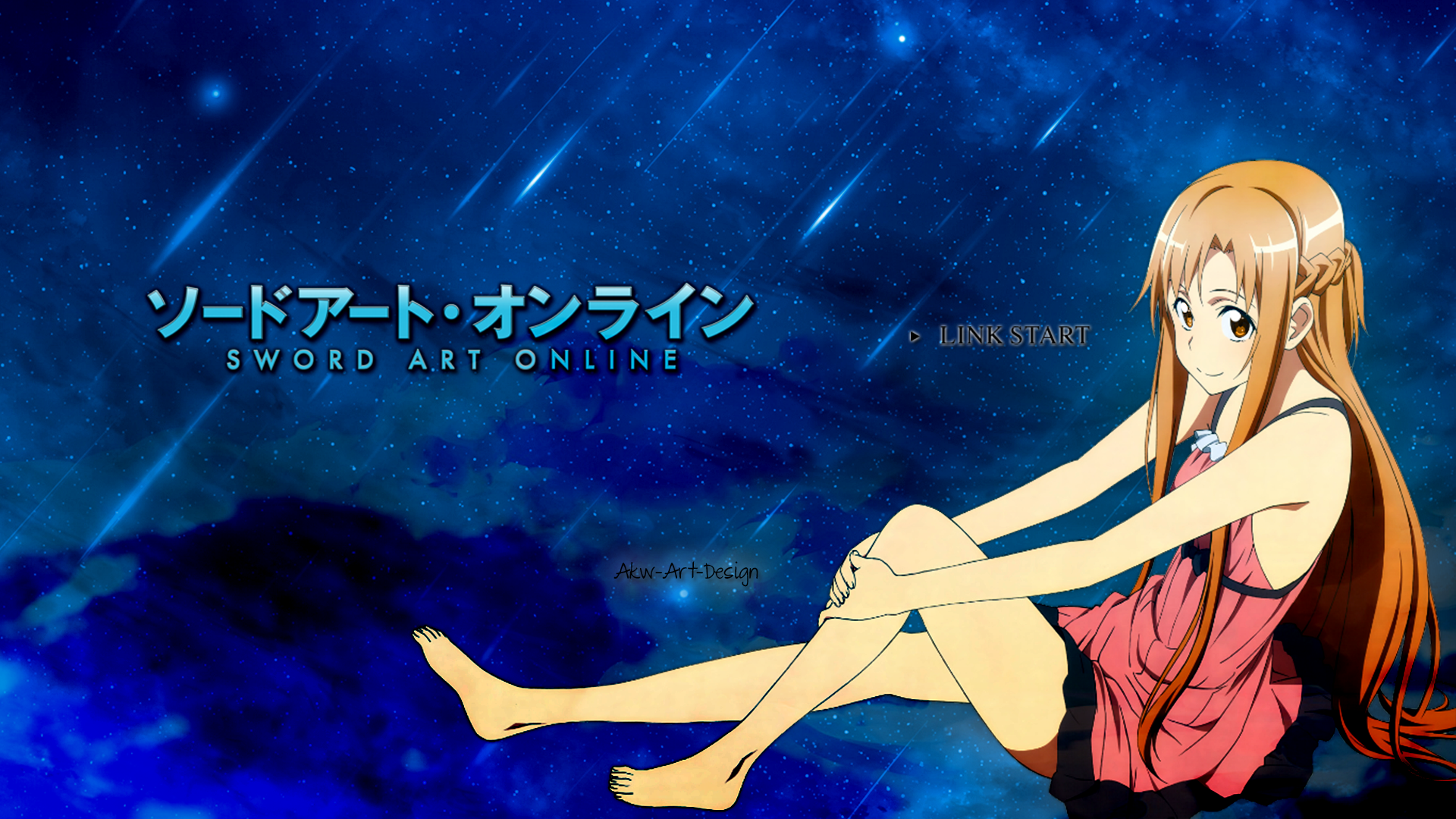 HD PC desktop wallpaper of Asuna Yuuki from Sword Art Online — anime-style full-body pose sitting against a starry blue cosmic background.