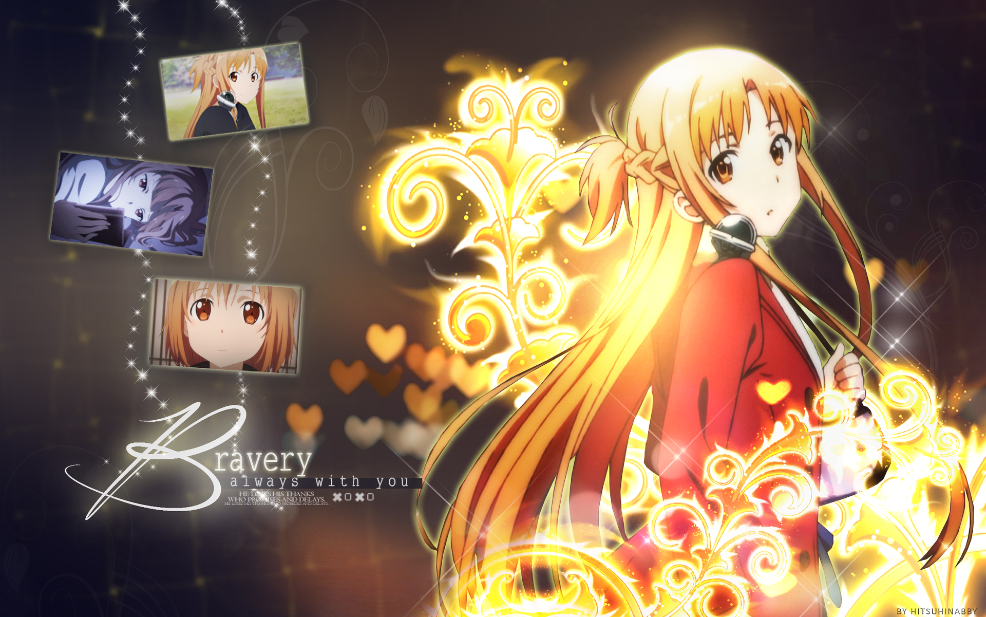 HD desktop wallpaper featuring Asuna Yuuki from Sword Art Online, surrounded by glowing floral patterns and hearts. The background includes smaller images of Asuna and the text Bravery Stays With You.