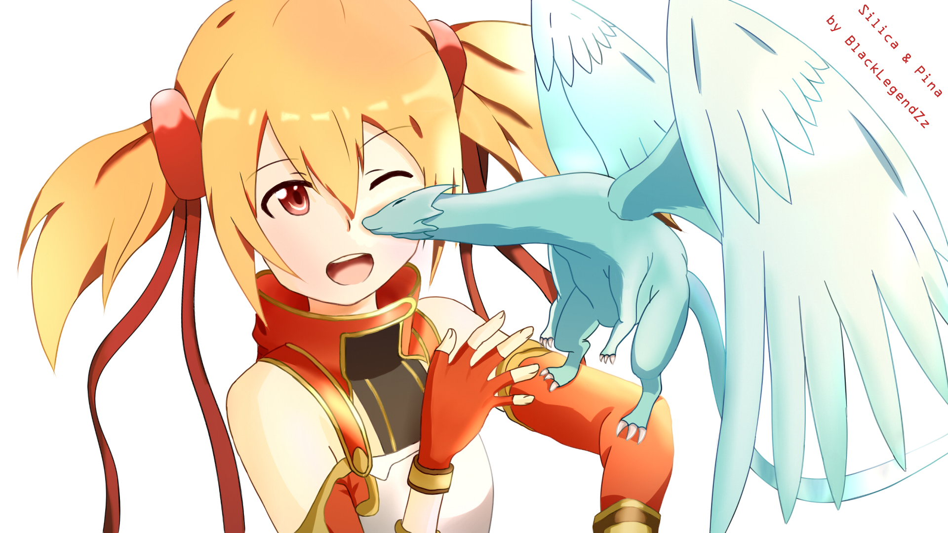 Bright HD PC wallpaper of Silica (Keiko Ayano) from Sword Art Online smiling and winking as her blue dragon Pina nuzzles her hand — anime desktop background.