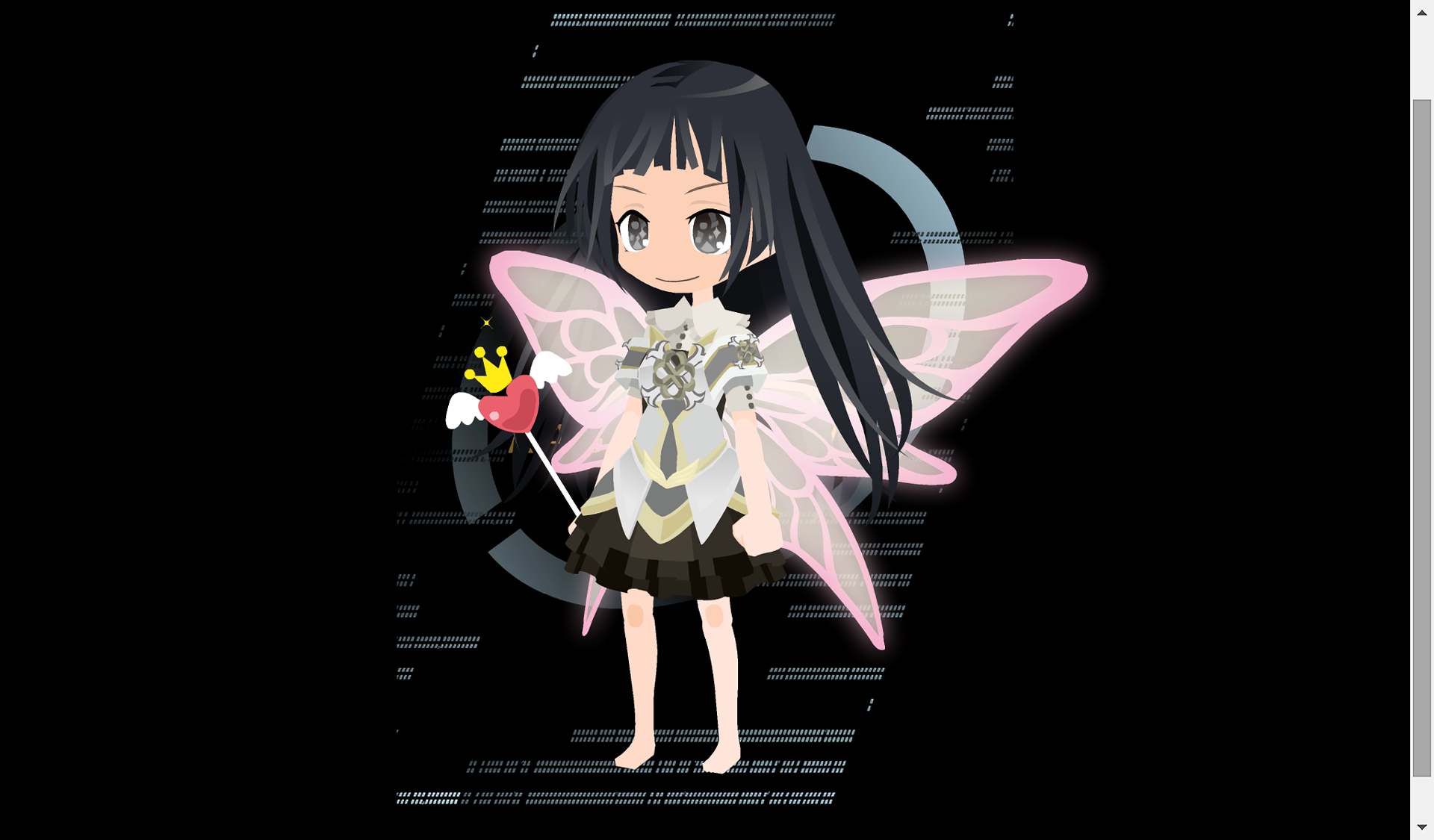 Chibi Yui from Sword Art Online with translucent pink fairy wings holding a glowing heart, standing before glitchy black code — HD anime PC desktop wallpaper background.