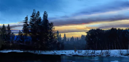 Anime-style HD PC desktop wallpaper depicting a serene forest scene at dusk, with tall trees reflected in a calm body of water under a colorful sky.