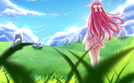 HD wallpaper of Rin from Shelter, an anime character, standing in a vibrant green field under a bright blue sky with fluffy clouds. The scene exudes tranquility and freedom.