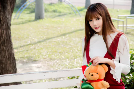 stuffed animal depth of field brown eyes brunette model woman asian HD Desktop Wallpaper | Background Image